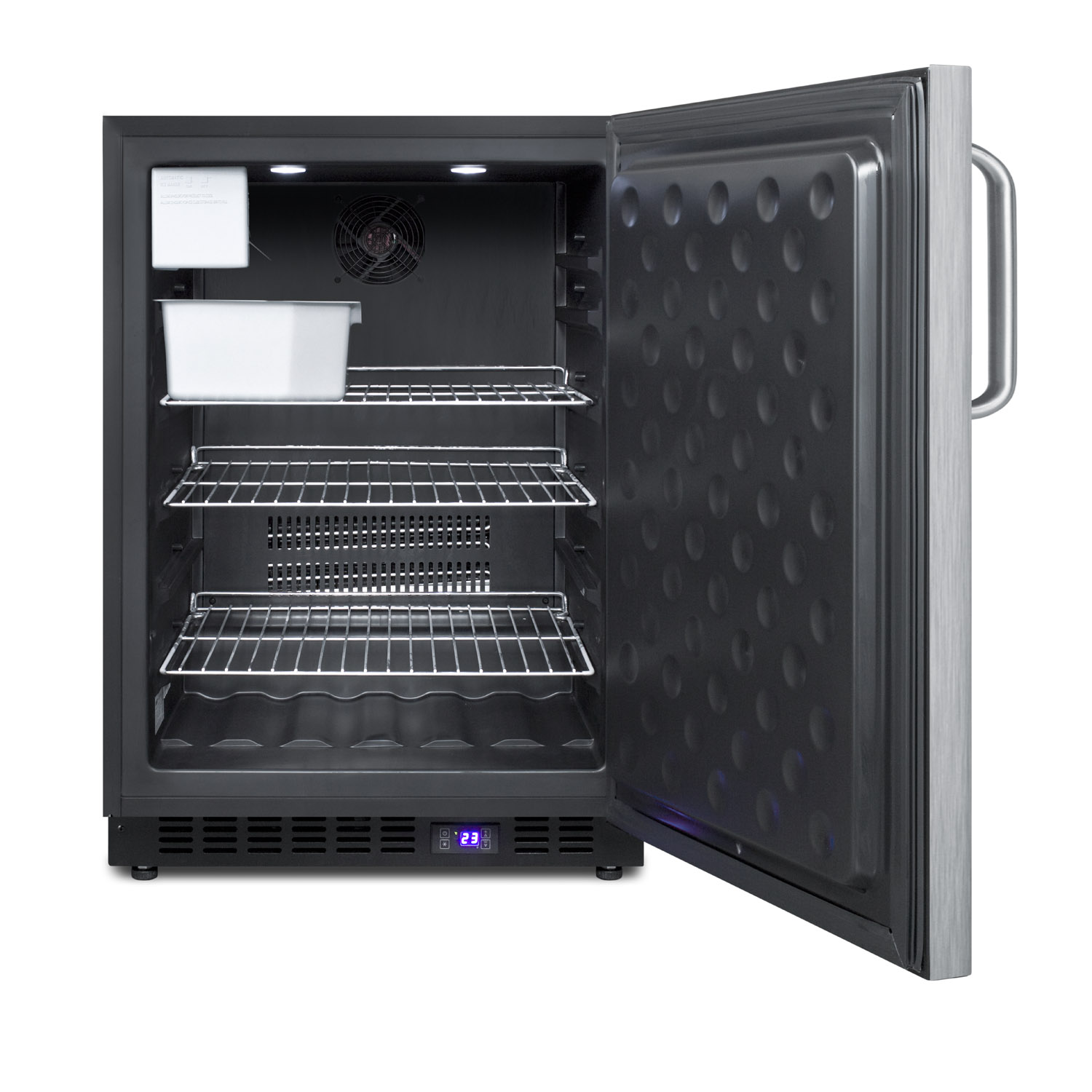 Frost-free outdoor all-freezer w/icemaker, digital thermostat, black cabinet, lock, stainless steel door and towel bar handle; built-in or freestanding